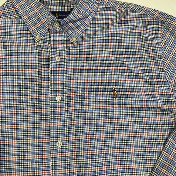 Ralph Lauren Shirt Men's XL Slim Fit Stretch Oxford Blue Red Plaid Flesh Pony - Picture 8 of 11
